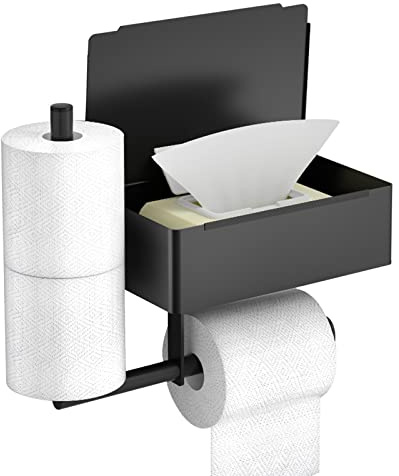 Toilettenpapierhalter mit Feuchttücherbox, Mattschwarz Klopapierhalter mit Seitenrollen-Aufbewahrungsregal, WC Papier Halterung für Küche und Badzimmer