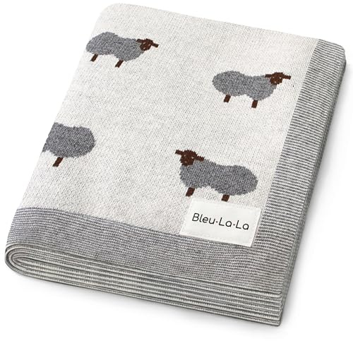 Bleu La La Empfangs Babydecke - 100% Luxuriöse Weichbaumwollstrick Warme Gemütliche Kuscheldecke für Kinderwagen und WiegePuckdecke für Neugeborene Säuglinge und Kleinkinder (Schaf - Elfenbein)