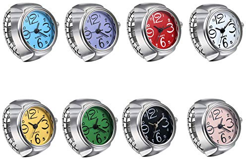 Ibohevo Women Finger Watch Rings: 8Pcs Vintage Waterproof Men Finger Ring Clock Set Analog Arabic Numerals Dial Novelty Quartz Watches with Elastic Band