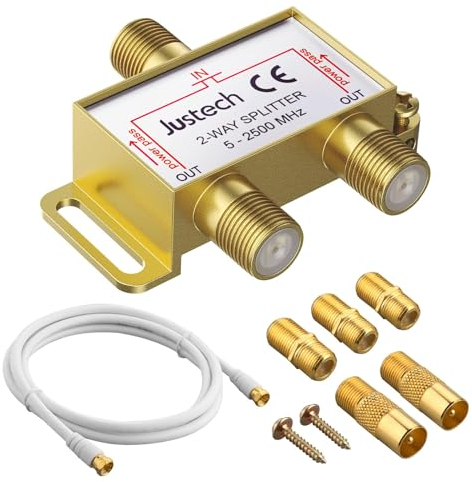 Justech TV Aerial Splitter 2 Way Gold Plated Coaxial Splitter MoCA 5-2500MHz with 1.5m Coax Cable F Plugs for Sky Box Telewest Eurovox Starview Dreambox