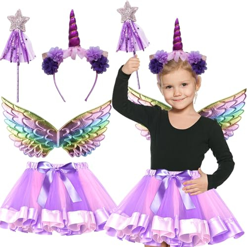 Byhsoep Einhorn Kostüm Kinder Mädchen,Einhornkostüm mit Einhorn Haarreif,Zauberstab Glitzer,Tüllrock Lila,Flügel Mehrfarbig für Halloween Karneval Cosplay Geburtstag Fasching