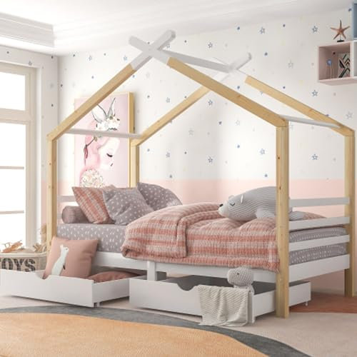 buiesjole Kinderbett 90x200 cm Hausbett Mit 2 Schubladen Stauraum Jugendbett Für Kinder Jugendliche Bodenbett Massivholz Mit Lattenrost Einzelbett Für Kinderzimmer Weiß+holzfarbe