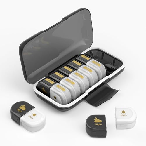 Joinice Tablettenbox 7 Tage 2 Fächer, Feuchtigkeitsbeständig, Abnehmbare Fächer, Pillendose 7 Tage Große Fächer für Tabletten, Fischöl, Vitamine, Nahrungsergänzungsmittel (Schwarz-Weiß)