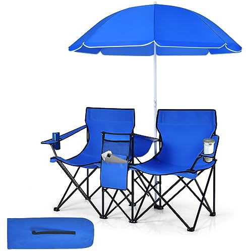 SPOTRAVEL Double Camping Chair, Folding Loveseat Chairs with Umbrella, Ice Bag, Cup Holders & Carry Bag, Outdoor Portable Leisure Lover Chairs Set for Beach Picnic Travel Fishing (Blue)