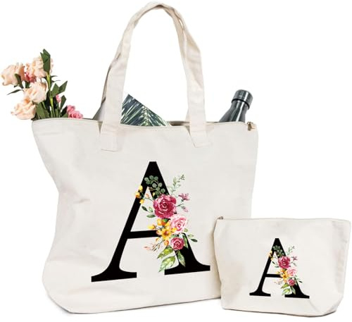 Tragetasche und Kosmetiktasche mit Initial, Canvas Einkaufstasche mit Reißverschluss, Personalisiert Initialen Baumwolltasche Geschenk für Freundin Frau Mama Schwester Geburtstag Hochzeit Muttertag A