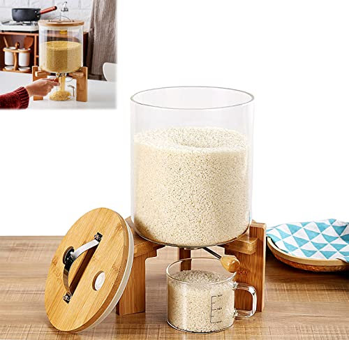 Generic Distributeur de riz en verre pour comptoir – Petit récipient de rangement alimentaire avec tasse à mesurer et couvercle en bois pour une organisation étanche, résistant à l'humidité et aux