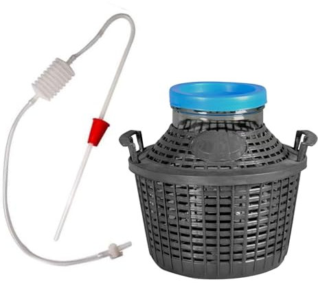 Damigiana vetro 5L bocca larga con Travasatore a polmone - Dama boccione in vetro con tappo a pressione da 5L e cesta compreso travasotre a polmone con rubinetto farfalla per olio e vino