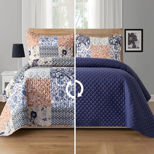 Elegant Comfort 3-teilige Wendedecke mit floralem Patchwork-Motiv, weiche Tagesdecke mit passenden Kissenbezügen, schwere Premium-Nähte, gesteppte Decke für alle Jahreszeiten, King-Size-Bett,