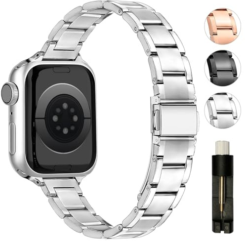 Tanoshimi Metallarmband kompatibelt med Apple Watch-armband 44 mm, 45 mm, 42 mm, 49 mm, 46 mm, smalt rostfritt stålarmband kompatibelt med iWatch serie SE/9/8/7/6/5/4/3/2/1, dam, silver