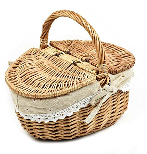 ZXDZMM Cesto in Vimini Fatto a Mano, cestini per Il Pane in Rattan, Cestino per Picnic, Frutta e Snack, con Doppio Coperchio
