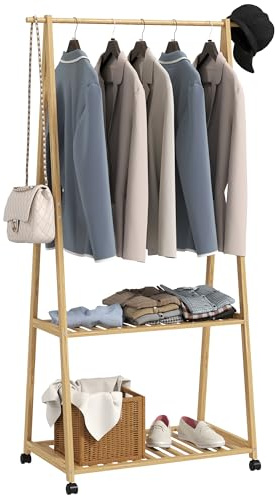 HOMCOM Portant à Vêtement sur Roulettes 84,5×43,5×158 cm Effet Bois Naturel