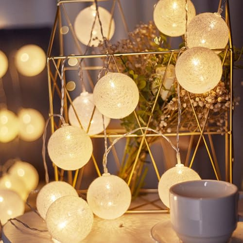 ENLACE Baumwollkugeln Lichterkette, 3M 20 LED Cotton Ball Lichterketten Kugeln, 2 Modi Funkeln und Dauerlicht, Weiß Baumwollkugeln Lichterkette für Kinderzimmer, Hochzeit, Weihnachten, Party Deko