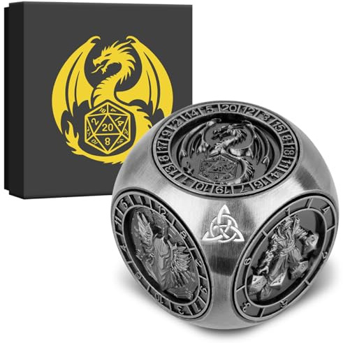 DND Fingertip Spinner Würfel, 7-in-1 Metall Würfel Set mit 3D Relief, D&D Polyedrische Rotierende Spielwürfel, DND Geschenke mit Drachen Logo Geschenkbox, RPG, Rollenspiel Brettspielzubehör, Silber