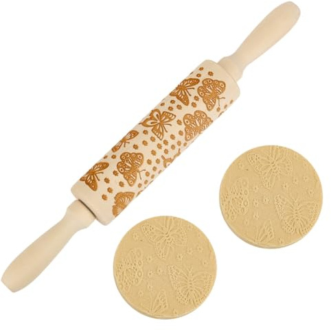 DELORIGIN Butterfly Embossed Wooden Rolling Pin 34cm Flower Long Rolling Pin for Baking Biscuits 3D Pattern DIY Kitchen Tool Baking Accessories Homemade Bakery Pastry Cookie Fondant Dough Pizza