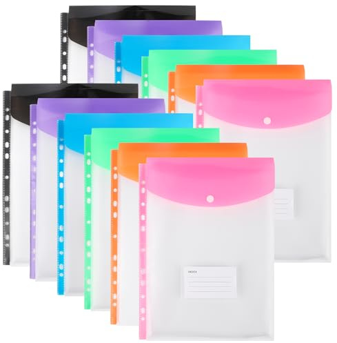 Plastic Wallets A4 Punched Pockets, 11 Holes Expandable Binder Folders for 2/3/4 Ring Document Pouch with Snap Button & Label Loose-Leaf Transparent for Office School Home (12 Pack - Top Open)