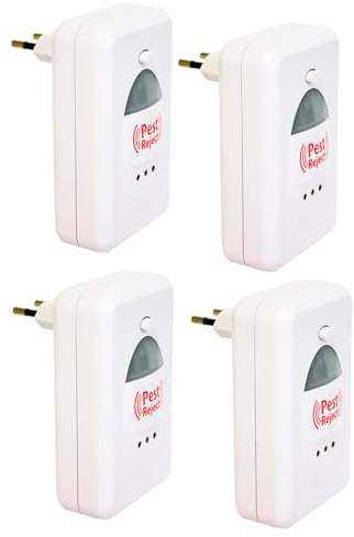 Pack de 4 Unidades Pest Repelente contra Insectos | 4 Ahuyentadores Ultrasónicos de Insectos | Repelente Insectos, Roedores, Mosquitos, Cucarachas mediante ultrasonidos | Cobertura hasta 200m²