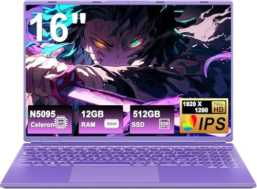 HUQPPQ 16 Inch Gaming Laptop, Celeron N5095 (Up to 2.9GHz),12GB RAM 512GB SSD, FHD 1920×1200 IPS Display, 1TB Expandable Storage, WiFi 6, Win11 Pro,Type C, Portable Purple Laptop for Work & School
