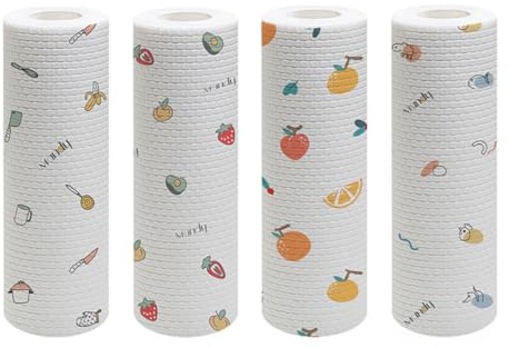 HOMSFOU Paños de Limpieza de Cocina Desechables Blancos 4 Rollos Absorbentes y Antiadherentes para Limpiar Encimeras y Armarios Varios estilos