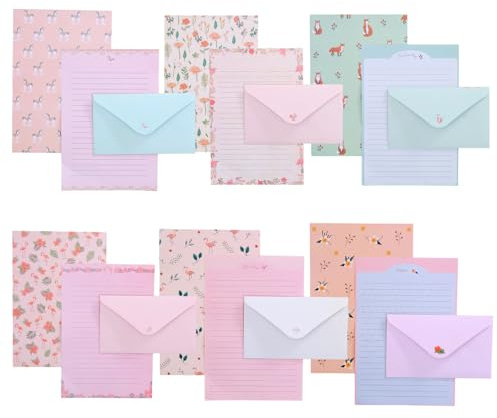 54 Pcs Letter Writing Set with Envelopes, 6 Assorted Designs Writing Paper and Envelopes Sets (36 Lined Stationery Paper & 18 Envelopes) - Cute Stationery Set for Letters, Invitations, Thank You Notes