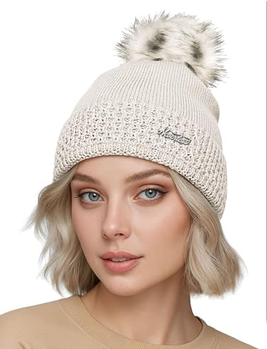 Neverless® Damen Strickmütze mit Stickmuster-Mix Feinstrickmütze gefüttert Fleecefutter mit Bommel aus Fake Fur Wintermütze Creme Unisize