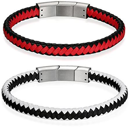 Flongo Leder Armband, Edelstahl Leder-Armband Armreif Lederarmband Manschette Silber Schwarz Rot Weiß Surfer Wickeln Kette Magnet Schließe Verstellbar Verschluss Herrenarmband Damenarmband