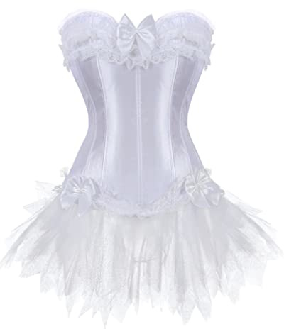 Grebrafan Women Lace Trim Corset Bustier with Mini Tutu Skirt | Classic elegant corset 2 piece set, a masquerade ball or homecomingcostume woman