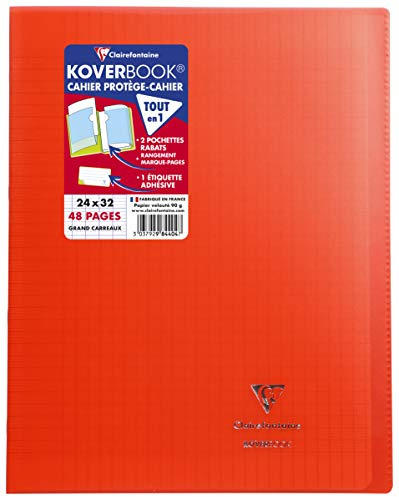 Clairefontaine 984404C – skolhäftapparat/anteckningsbok DIN A4 24 x 32 cm 24 ark 90 g, fransk linjatur, omslag av transparent polypropen, robust, häftad, röd, 1 st