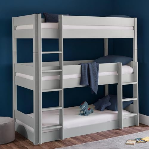 Julian Bowen Trio Bunk Bed, Triple Sleeper, Single, Grey - H198xW99xD202cm | Modern Kids Bed with Ladder, 90cm/3ft, Ideal for Kids & Guest Rooms, Wooden Bunkbed, No Box Spring Needed
