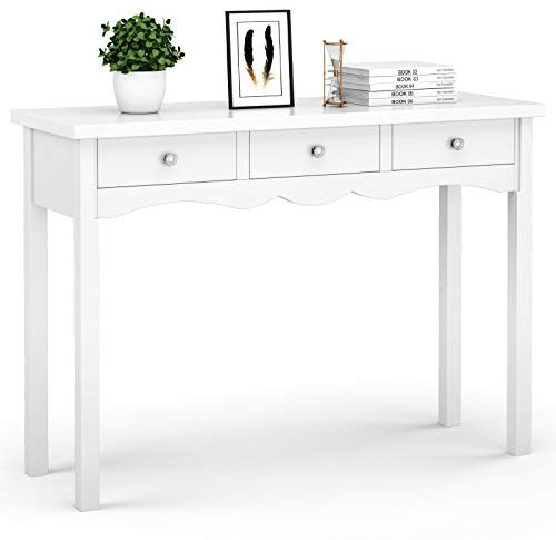 GOPLUS Konsolentisch, Ablagetisch mit 3 Schubladen, Aribeitstisch aus Holz, Schminktisch für Wohnzimmer/Schlafzimmer/Flur/Korridor, Moderner Schreibtisch aus dem Landhausstil, 100x32x75 cm (Weiß)