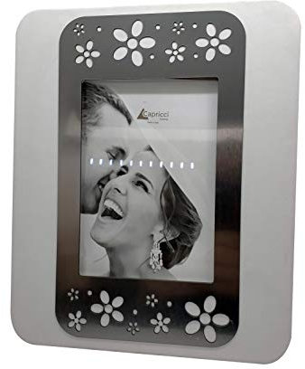 Objeto, portafotos de ecopiel blanca con aplicación de aluminio y corte láser con diseño de flores para bomboneras, aniversarios. Regalos útiles, originales y económicos (34 x 28 cm)