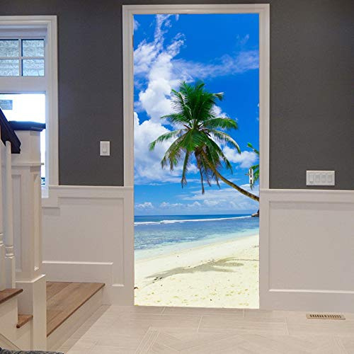 A.Monamour Türtapete Selbstklebend Türfolie Türposter 3D Kokospalme Sandstrand Blauer Ozean Weiße Wolken Natur Vinyl Folie Türdeko Tapete Wandbild Türaufkleber Türtattoo 90 x 200 cm