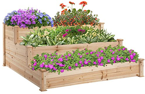 Outsunny 470L Raised Garden Bed, 3-Tier Planter Kit, Elevated Wooden Planters for Garden, Yard & Patio, 124 x 124 x 56 cm