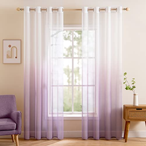 MIULEE 2 Unidades Cortinas Translúcida Visillo Suave Poliéster para Ventanas Balcon Color Gasa Moderna con 8 Anillas para Habitación Dormitorio Balcon Salón 140x215cm Gradiente Vertical Morado Claro