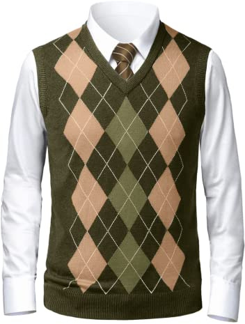 Gafeng Mens Argyle Sweater V-Neck Casual Winter Slim Fit Lightweight Sleeveless Knitwear Vest, 1- Army Green, Large