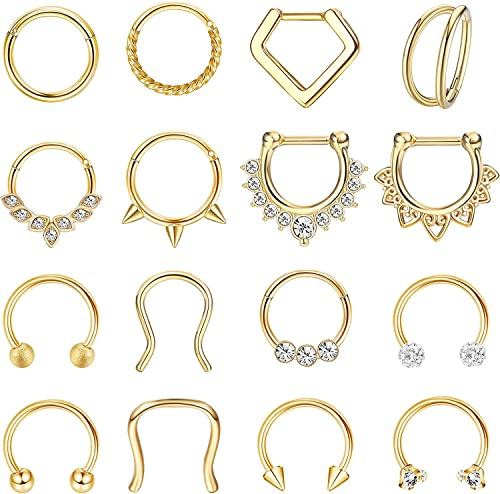 Adramata 16 Stück Septum Ringe 16G Hufeisen Edelstahl Daith Ohrringe Nasenringe Hoop CZ Knorpel Helix Tragus Septum Clicker Schmuck 8mm