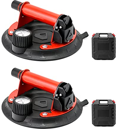 QWORK® 2er Set Aktualisierte Vakuum Plattenheber Glasheber 20,5cm Tragkraft 200kg - mit Stahlgriff und Manometer - für Glas, Fliesen, Fenstern, Marmor, Sonnenkollektore