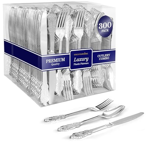 300 Pcs Silver Plastic Silverware Set - 100 Forks, 100 Spoons, 100 Knives, Heavy Duty Disposable Utensils, Elegant Flatware for Dinner Party, Wedding