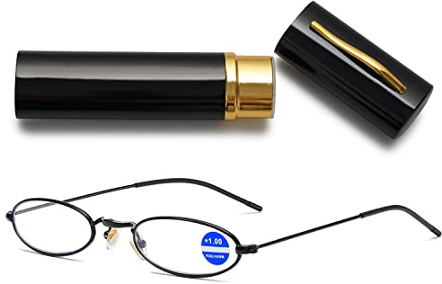 VEVESMUNDO Kleine Blaulichtfilter Lesebrille Damen Herren Metall Mini Schmal Kompakt Anti Blaulicht Lesehilfe Brille mit Metall Etui