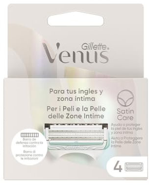 Venus Gillette Máquinilla De Depilación Para Mujer Ingles Y Zona Íntima, Pack 4 Recambios, Ayuda A Proteger La Piel Irritación Tras, cuchillas de afeitar, Máquinilla de afeitar