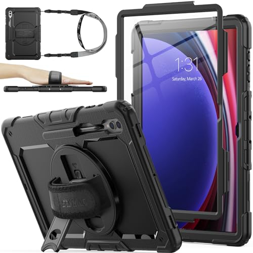SEYMAC stock Hülle für Samsung Galaxy Tab S10 Ultra / S9 Ultra / S8 Ultra 14,6 Zoll, Stoßfeste Hülle mit Displayschutz, 360° Drehbarer Ständer/Handschlaufe, Stifthalter & Schultergurt, Schwarz