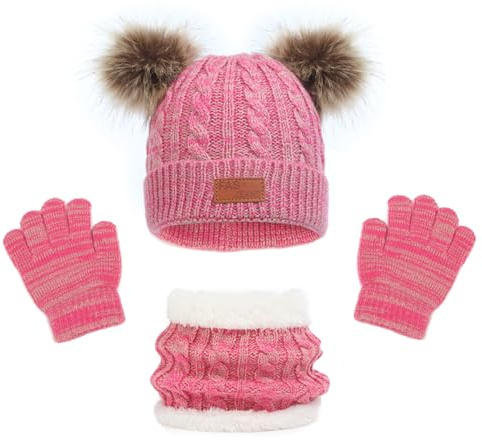 LINSOCLE Set de Bufanda Gorro Guante para Niña, Conjunto de Bufanda Sombrero Guantes para Niño en Invierno, Gorro de Lana con Pompones y Braga de Cuello Polar para Niños de 2 a 6 Años