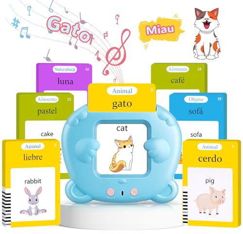 AHJ Tarjetas Flash Parlantes Español, Juegos Educativos Niños 2-6 Años, 112 Hojas, 224 Palabras en Español, Juguete Montessori, 3 Modo de Idioma: Español/Inglés/Bilingüe (Azul)