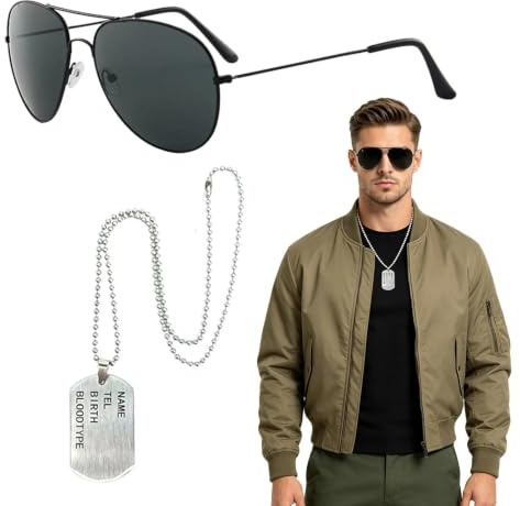 EUPSIIU 2 Stück Armee Verkleidung Schwarze Sonnenbrille und Erkennungsmarke Solider Militär Cosplay Kostüm Pilotenkostüm Flieger Zubehör für Männer Frauen Erwachsene Cosplay Dress Up Party Thema
