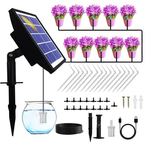 Ailgely Automatisches Bewässerungssystem, Anti-Siphon, Solar-Tropfbewässerungsset, 1–600 Sekunden, Timer, DIY-Selbstbewässerungsgerät für Garten, Balkon, unterstützt 10–15 Töpfe Pflanzen