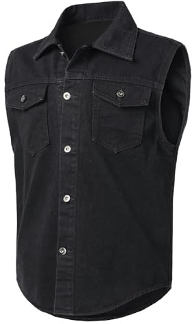 KTWOLEN Gilet en Jean pour Homme Décontracté Denim Gilet Vintage Veste en Jeans Sans Manches Rétro Blouson en Jean Gilet de Moto avec Poches, Noir, XXL