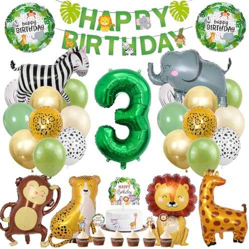 Dschungel Deko 3 Geburtstag, Dschungel Geburtstagsdeko 3 Jahr, Safari Tiere Folienballon 3, 41 Stück Waldtiere Luftballon Dekoration, Waldtiere Grüner Luftballon für Mädchen Junge Kinder