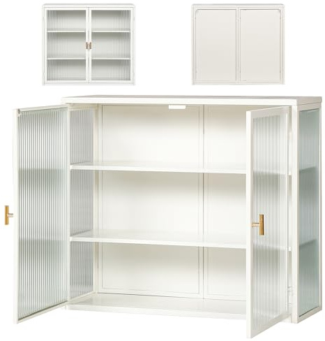EGGUITAR Moderner 70CM Glas Hängeschrank mit Zwei Glastüren und Dreistufiger Aufbewahrung für Küche,Wohnzimmer,Bad und Esszimmer - Stabile Konstruktion und Abnehmbares Regal (Weiß)