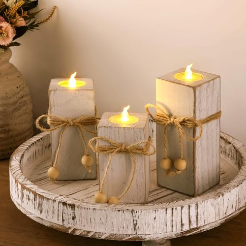 MelonBoat Rustic Flameless LED Candles 3-Pack, Battery Operated Candles with Wooden Candle Holders, White Rustic Farmhouse Decor, Farmhouse Candle Holder for Valentines Holiday Party Home Decor