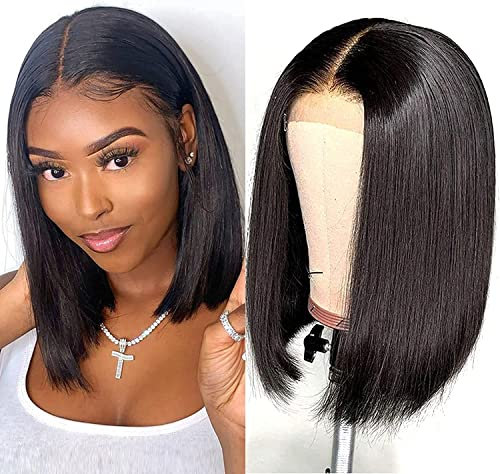 Perruque Femme Naturelle Bresilienne Lace Frontal Free-Part Cheveux Humain 4X4 Lace Wig Human Hair Perruque Naturelle Courte Lisse Straaight Bob Wig Color Noire 8 Pouces