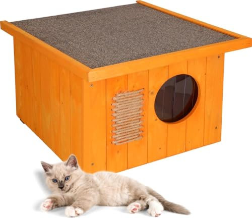 MUNTEL Katzenhaus Outdoor Winterfest, Katzenhaus Isoliert, Clawsable, Holz Outdoor, Katzenhütte 49,5 x 58 x 36 cm (Natur)